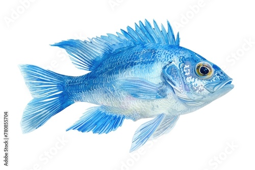 A blue fish with a white belly and a black eye. The fish is swimming in the water photo