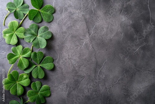 A cluster of green leaves with four pointed tips are arranged in a row on a grey background. The leaves are arranged in a way that they form a heart shape, which is a symbol of love and affection photo