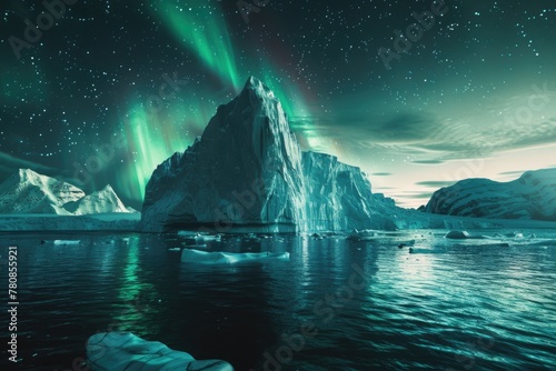 A large ice block is surrounded by water and the sky is filled with auroras. The scene is serene and peaceful, with the bright lights of the auroras reflecting off the water