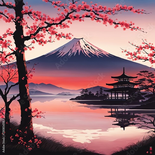 Traditional Japanese pagoda with iconic Mount Fuji in background  capturing essence of Japans natural beauty  cultural heritage. For interior  commercial spaces to create stylish atmosphere  print.
