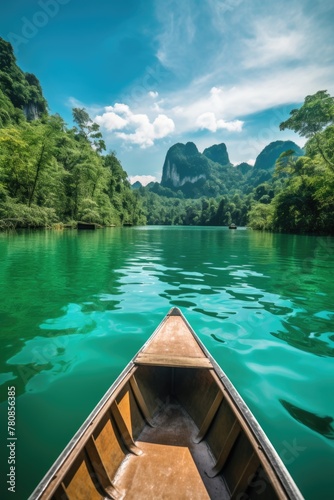 A small boat is floating on a river with a beautiful view of mountains in the background. The water is calm and clear, and the boat is the only thing visible in the scene © vefimov