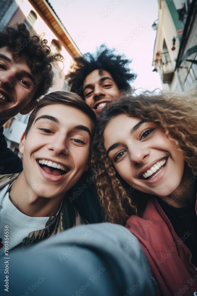 A group of young people are smiling for a picture. Scene is happy and friendly