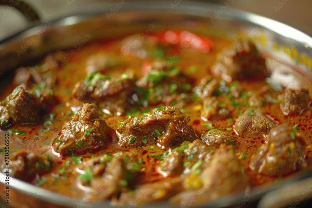 A bowl of red meat with green herbs and spices. The meat is cooked and the sauce is thick and rich