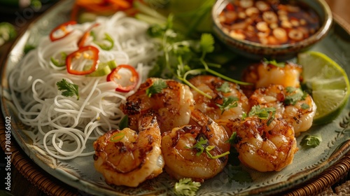 Vietnamese dish Cho tom, deep fried shrimp with rice noodles and sauce. © lastfurianec