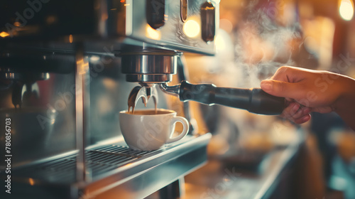 Fresh Espresso Pouring into a Cup from a Professional Coffee Machine photo