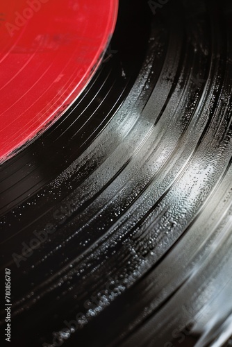 A record with a red circle on it. The record is black and white. The record has a shiny surface
