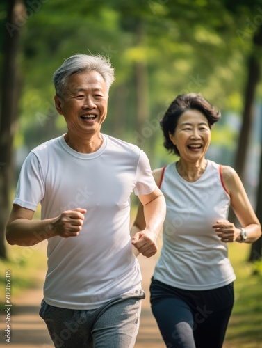 Two older people are running in a park, smiling and enjoying themselves. Concept of happiness and positivity, as the couple is engaging in a healthy and active lifestyle together