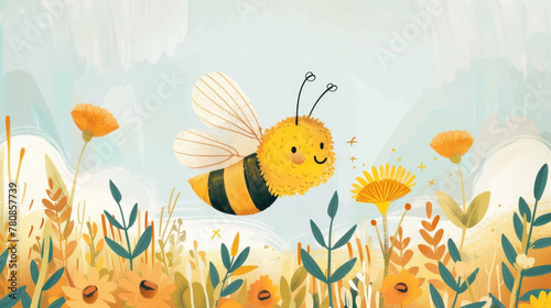 watercolor illustration, vintage style, World Bee Day, honey bee among yellow flowers on a blue background, children's drawing, illustration for a book