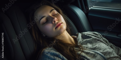 A woman is sleeping in a car. The car is dark and the woman is in the driver's seat