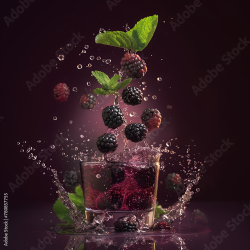Dynamic Splash of Juice with Blackberries and Mint Leaves