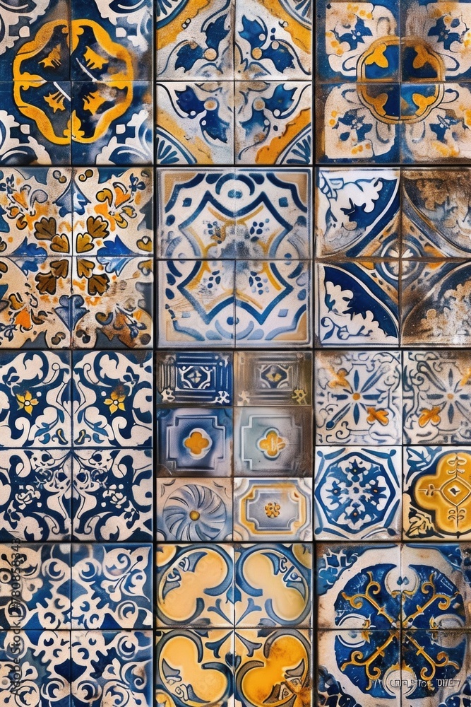 Colorful tiles arranged on a wall, perfect for interior design projects