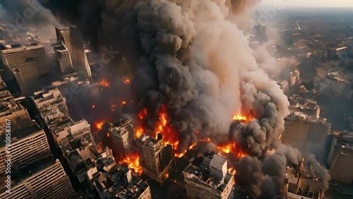 A massive city fire seen from a bird's eye view is a terrifying sight that shows the destructive power of fire and the enormity of material losses. photo