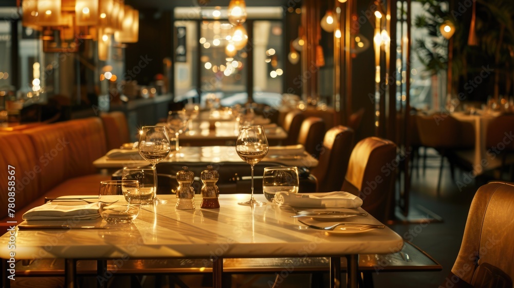 A restaurant with a long table set with glasses. Suitable for hospitality industry promotions A restaurant with a long table set with glasses. Suitable for hospitality industry promotions