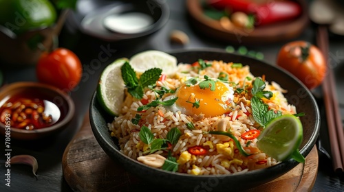 Vietnamese dish - fried rice with egg, spices, some herbs.