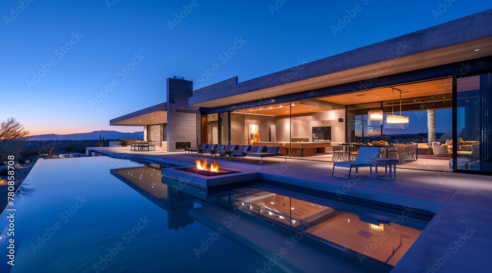outdoor living space - modern mansion in the desert at night with swimming pool outdoor living space - modern mansion in the desert at night with swimming pool