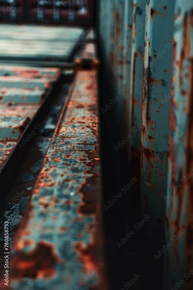 Rusty train track next to a building, suitable for industrial concepts Rusty train track next to a building, suitable for industrial concepts