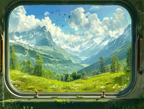View from the train window to a beautiful landscape. AI generative.