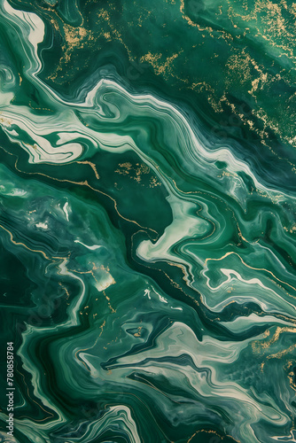 Abstract Golden and Emerald Liquid Marble Waves Background