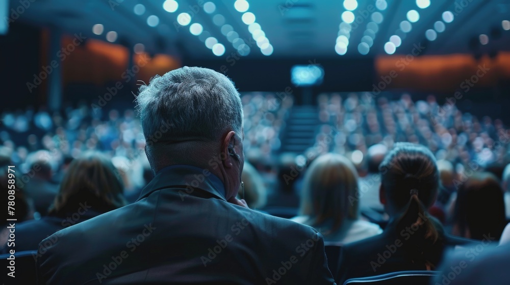 A man sitting in front of a large group of people. Ideal for business presentations or public speaking concepts