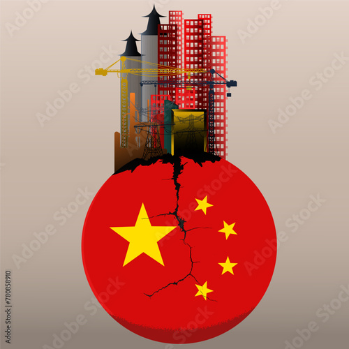 Chinese property sector crisis, financial crisis, China's Real Estate slump, China flag ball cracked 