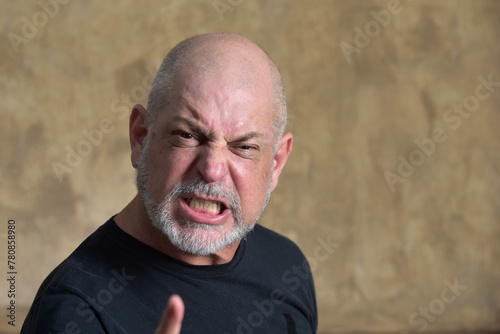 portrait adult man bald white beard face expression anger scared thoughtful male model gentleman in black clothes image