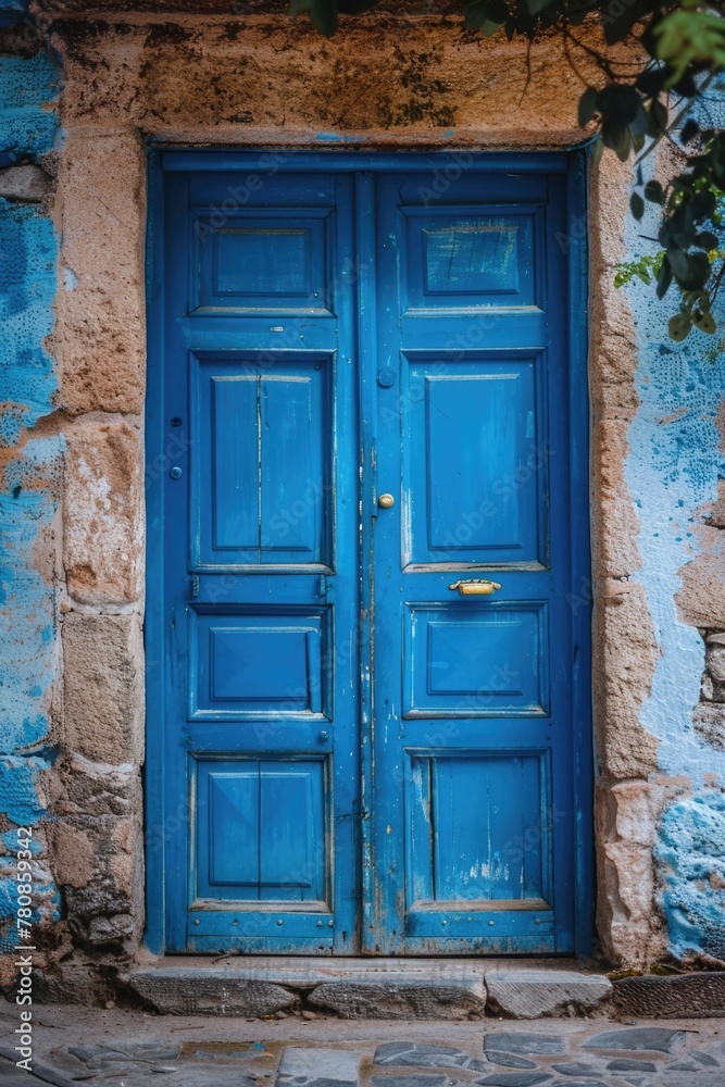 Blue door open on stone building, suitable for real estate concepts