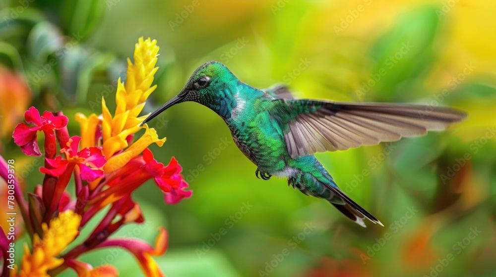 Fototapeta premium A beautiful hummingbird in flight over a colorful flower. Ideal for nature and wildlife themes