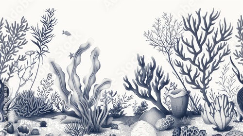 Black and white drawing of an underwater world, suitable for educational materials