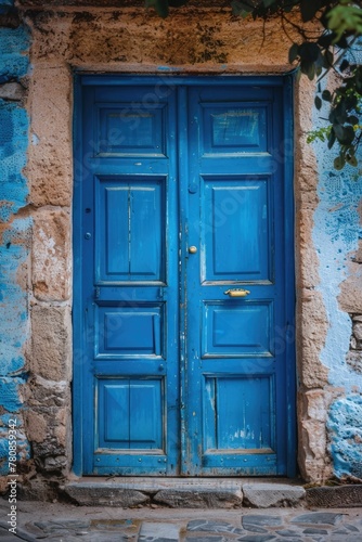 Blue door open on stone building, suitable for real estate concepts © Fotograf
