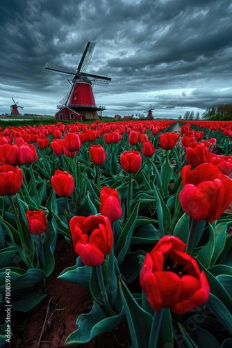 Beautiful field of red tulips with a windmill in the background. Perfect for springtime and nature-themed projects