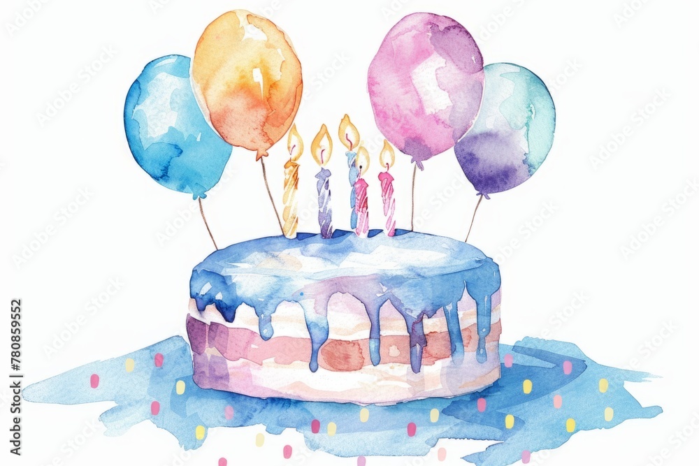 Watercolor birthday cake with balloons and candles clip art, white ...