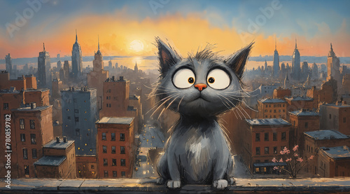 Sketch of a scruffy grey stray cat with big eyes and a cute red nose sits on a rooftop balcony at sunset with a gorgeous view over buildings skyline reminiscent of Manhattan in New York city.