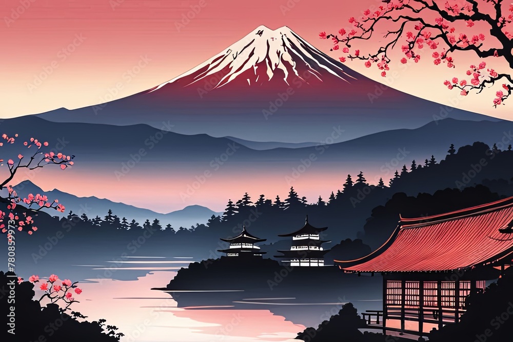 Obraz premium Serene landscape with mountain, pagoda in background. For meditation apps, on covers of books about spiritual growth, in designs for yoga studios, spa salons, illustration for articles on inner peace.