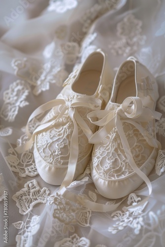 White baby shoes placed on a bed. Suitable for baby product promotions