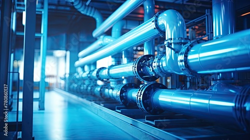 A technical room filled with white pipes. Pipeline inside modern factory. Illustration for banner, poster, cover, brochure, advertising, marketing or presentation.