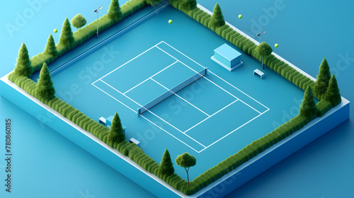 Isometric Illustration of a Modern Tennis Court by the Water