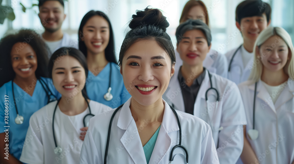 Group of happy mixed race doctors in a uniform are smiling in a hospital. World health day concept. Group of happy mixed race doctors in a uniform are smiling in a hospital. World health day concept.