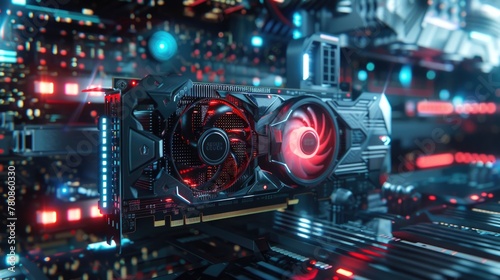 Futuristic video card with cooling fans. Computer background or screensaver. AI generative.