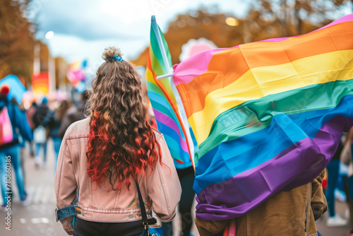 Back view Group of people raising rainbow flags, posters for LGBT rights, gender equality. 