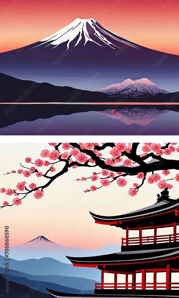 Traditional Japanese pagoda with iconic Mount Fuji in background, capturing essence of Japans natural beauty, cultural heritage. For interior, commercial spaces to create stylish atmosphere, print.