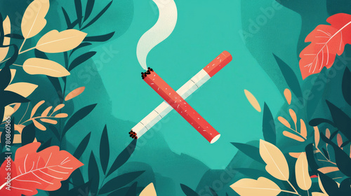 watercolor illustration, vintage style, World No Tobacco Day, smoking broken cigarette, green background, lots of greenery and plants, trees, environment photo