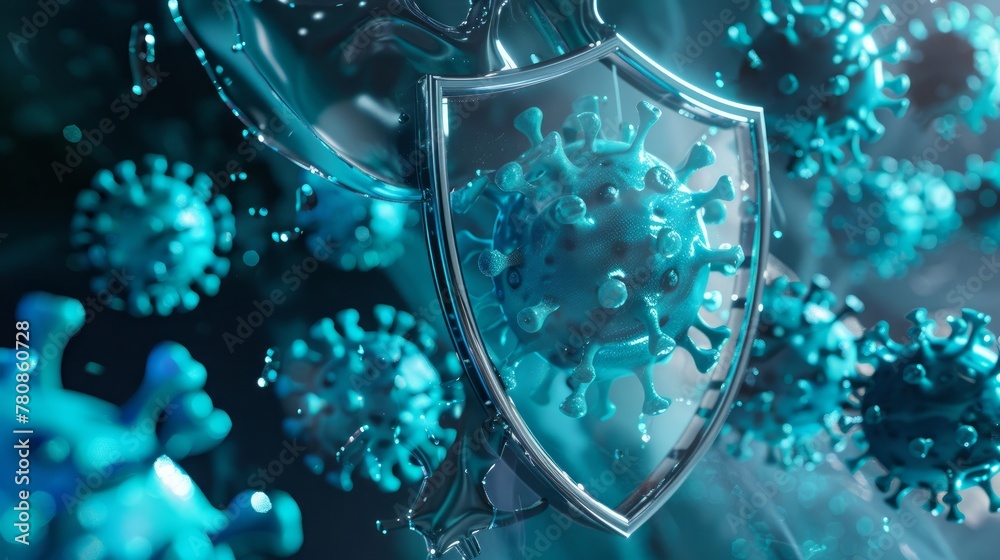 A visual metaphor depicting a protective shield acting as a safety guard against viruses