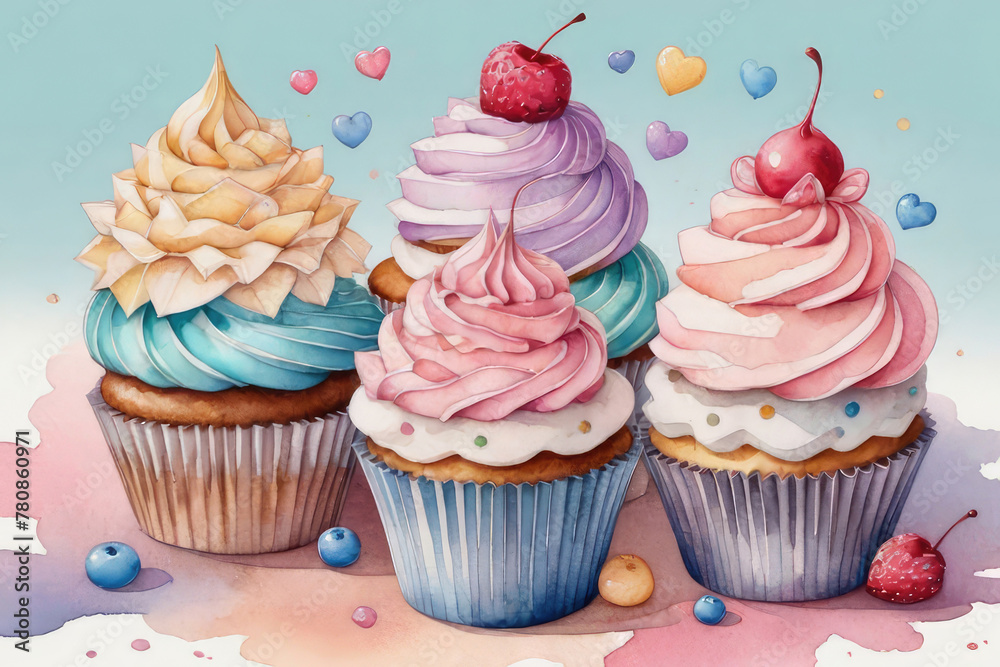 Sweet cupcakes with berry and whipped cream for sweet design in watercolor style. Sweet cupcakes with berry and whipped cream for sweet design in watercolor style.
