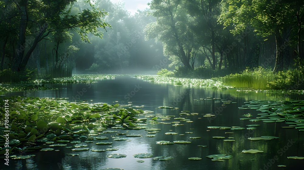  a secluded pond nestled within a verdant forest, where the stillness of the water mirrors the lush foliage surrounding it, transporting viewers to a realm of quiet contemplation and natural harmony