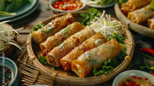 Vietnamese dish Nam ran. Fried pancakes stuffed with rice paper stuffed with vegetables with rice and chicken.