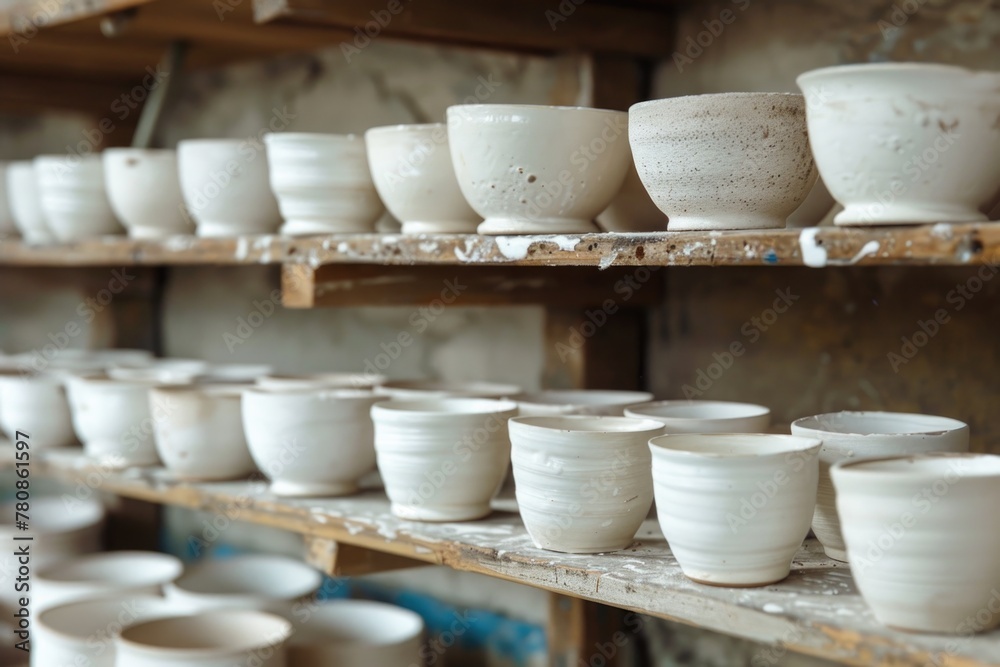 A shelf filled with lots of white bowls, perfect for kitchen and home decor A shelf filled with lots of white bowls, perfect for kitchen and home decor