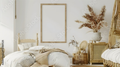 Mockup frame in kids' bedroom with wicker furniture, coastal boho style