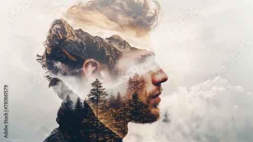 Double exposure combines a woman's face, high mountains and forest. Panoramic view. The concept of the unity of nature and man. Dream, reminisce or plan a climb. Memory of a mountaineer. Illustration. photo