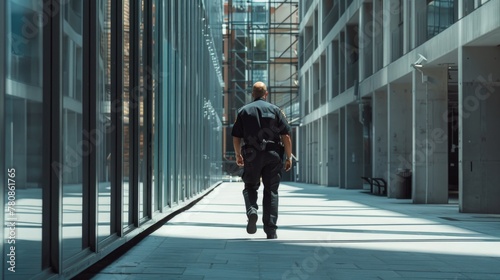 A man walking down a street past tall buildings, suitable for urban themes