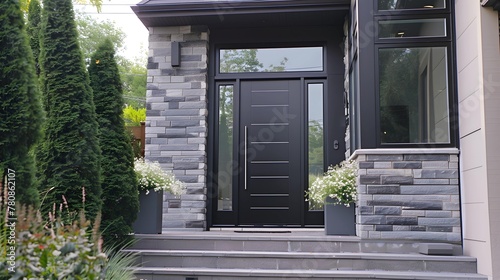 Modern Black Fiberglass Front Entry Door, Single Door With One Sidelite
